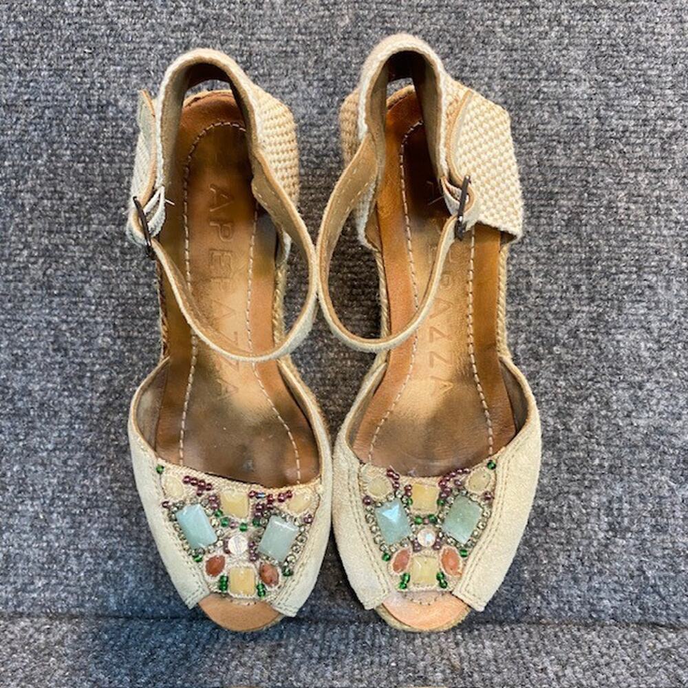 Apepazza Gaia Wedge Heel Cream Suede Bead Embellished Espadrille Sandal Size 6.5